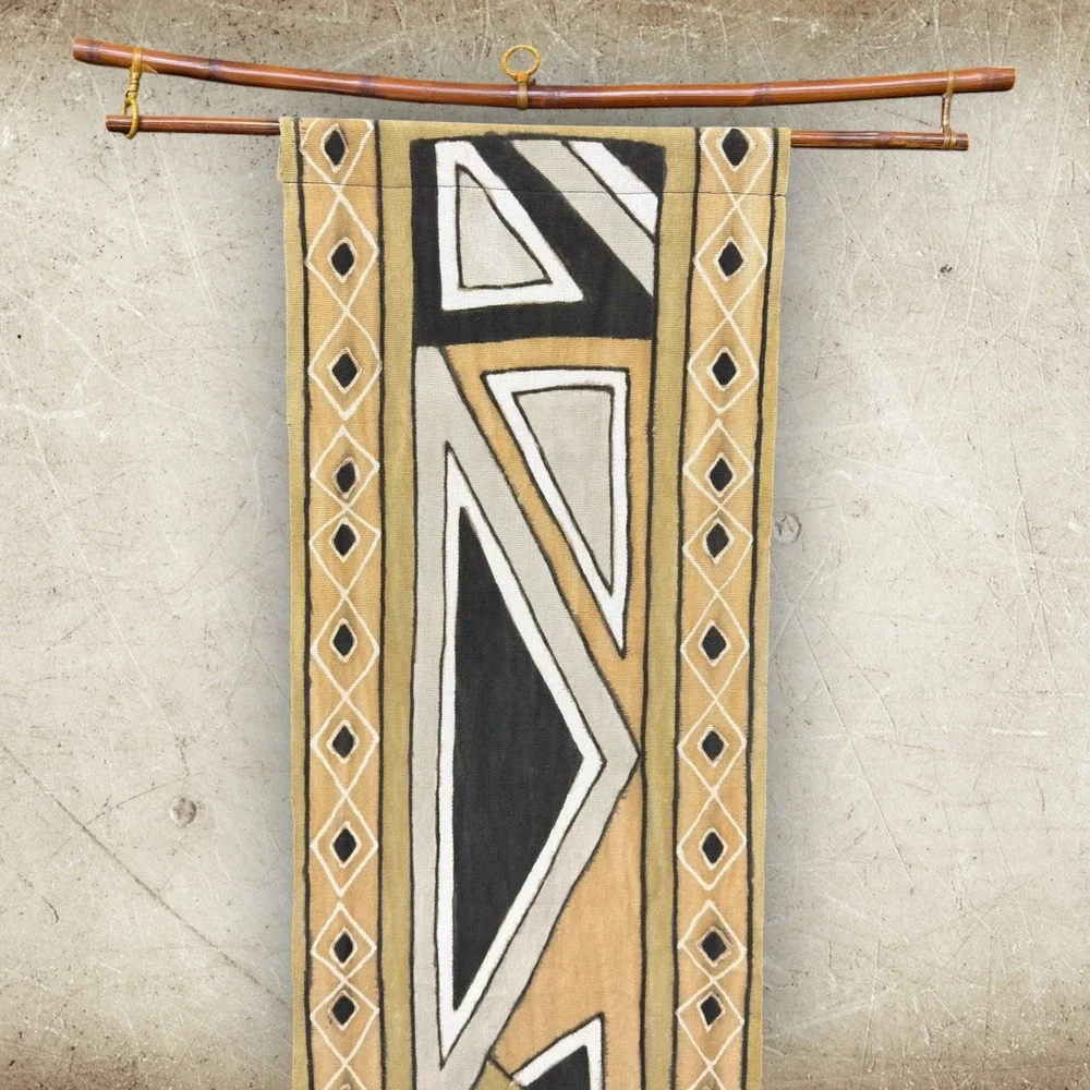 African Mud Cloth Wall Hanging Geometric Hand Painted Textile Art w/ Bamboo Rod‎